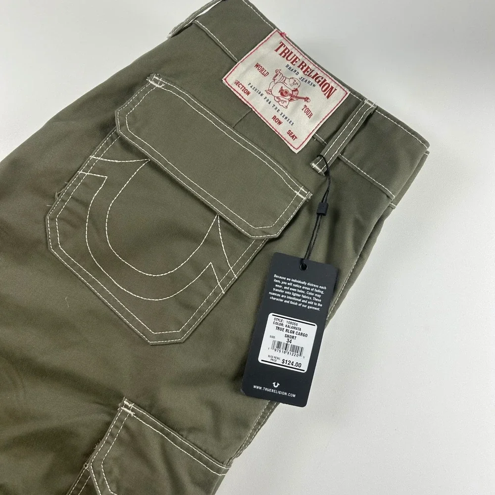 True Religion Mens 34 Kalamata Cargo Shorts Olive Green Contrast Stitch NEW Y2K